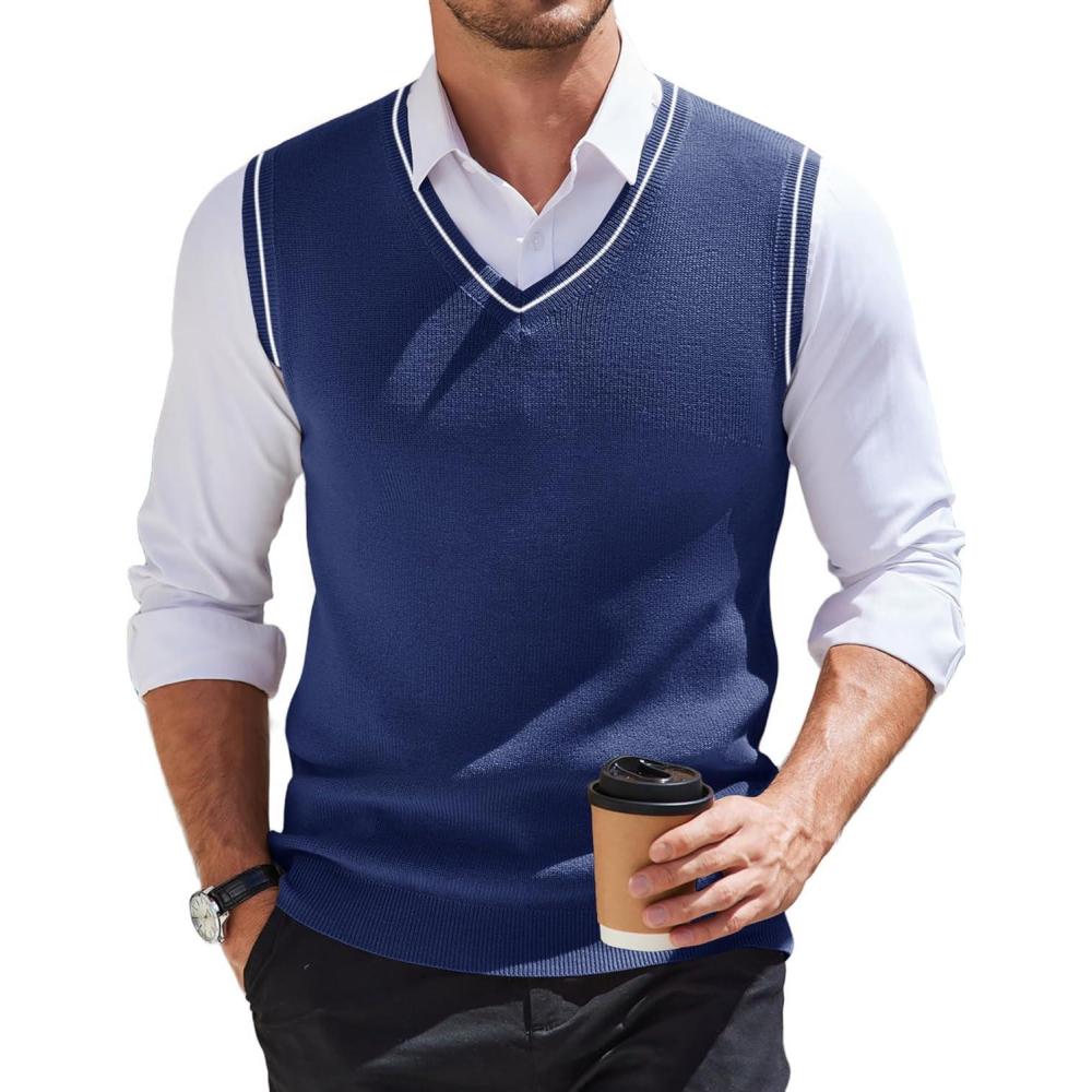 imageCOOFANDY Mens Sweater Vest V Neck Sleeveless Sweater Slim Fit Casual Knitted Pullover SweaterNavy Blue and White Stripe