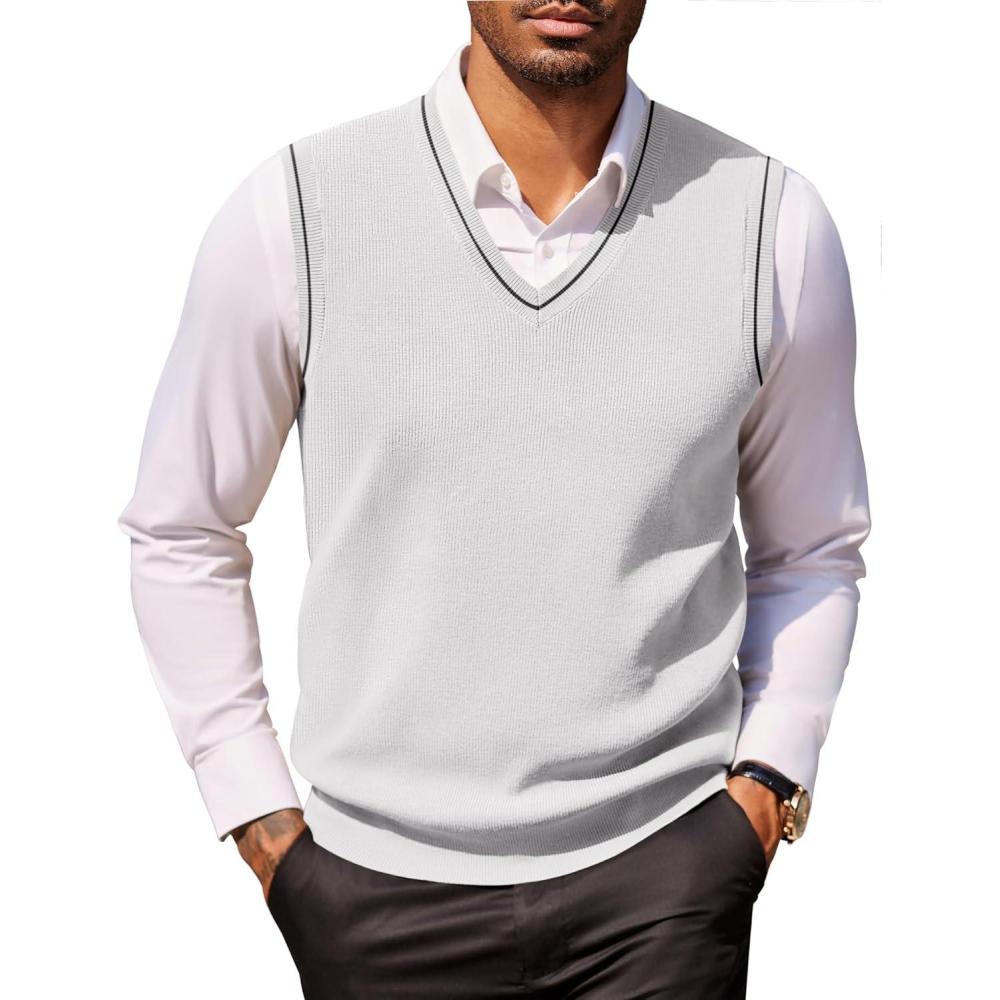 imageCOOFANDY Mens Sweater Vest V Neck Sleeveless Sweater Slim Fit Casual Knitted Pullover SweaterWhite and Black Stripe
