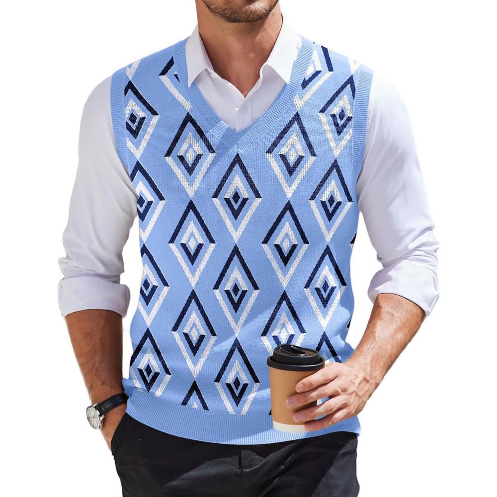 imageCOOFANDY Mens Sweater Vest V Neck Slim Fit Cable Knitted Sleeveless Pullover SweaterArgyle Blue