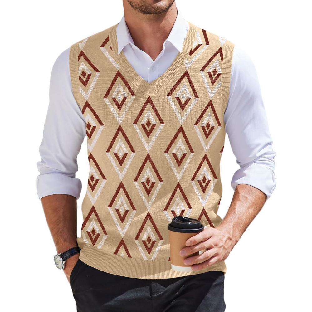 imageCOOFANDY Mens Sweater Vest V Neck Slim Fit Cable Knitted Sleeveless Pullover SweaterArgyle Khaki