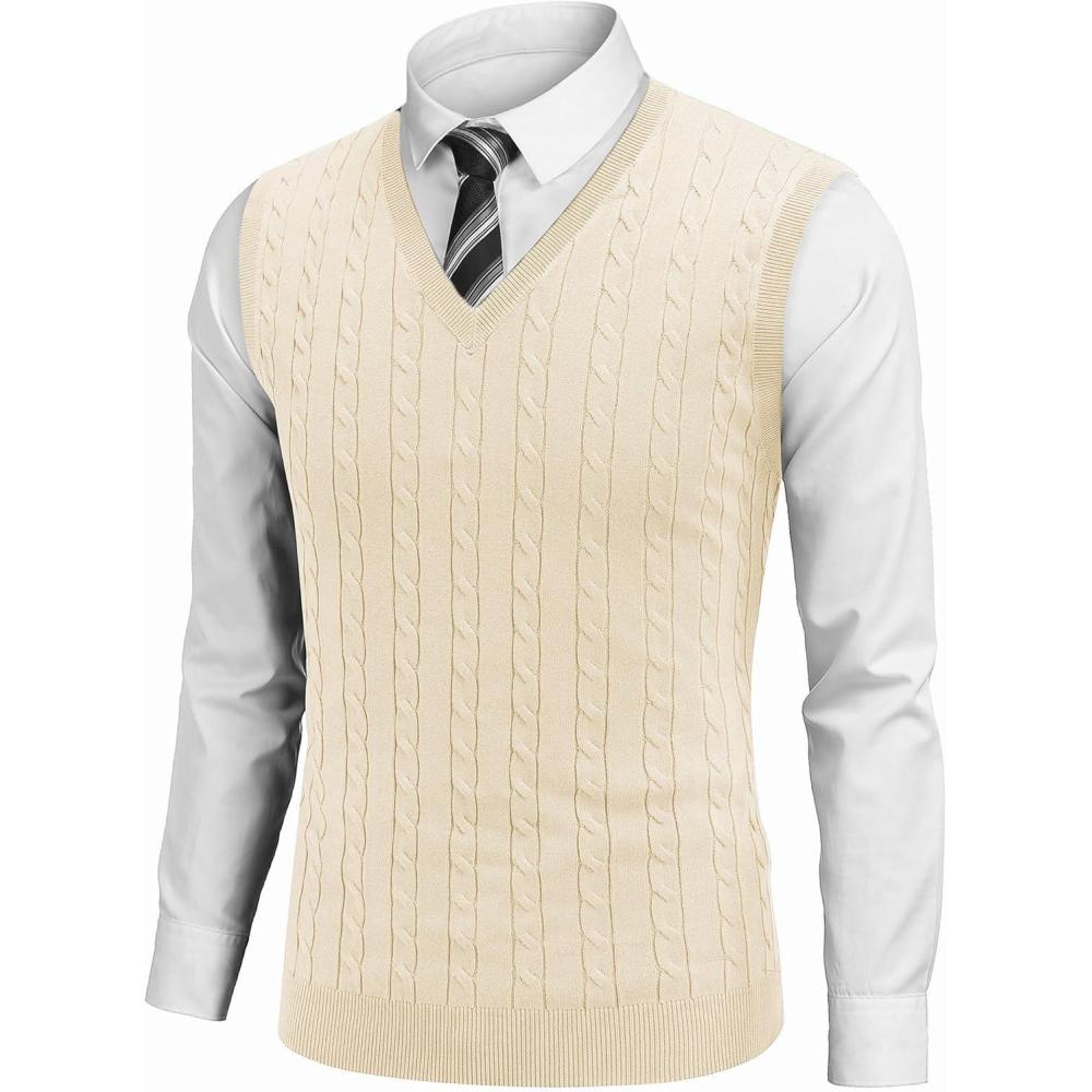 imageCOOFANDY Mens Sweater Vest V Neck Slim Fit Cable Knitted Sleeveless Pullover SweaterBeige