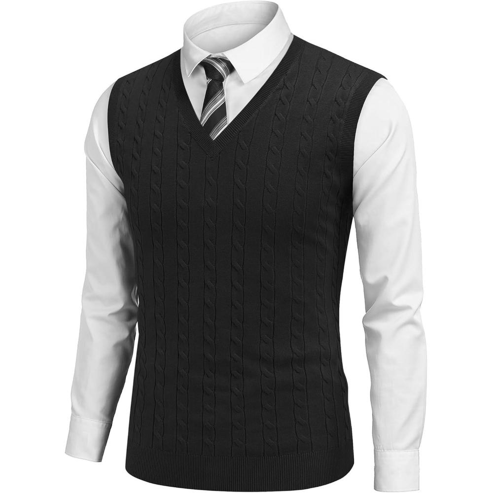 imageCOOFANDY Mens Sweater Vest V Neck Slim Fit Cable Knitted Sleeveless Pullover SweaterBlack