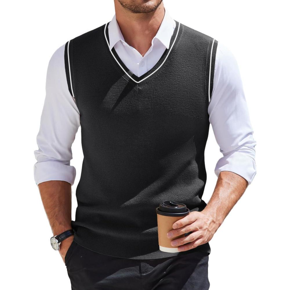 imageCOOFANDY Mens Sweater Vest V Neck Slim Fit Cable Knitted Sleeveless Pullover SweaterBlack and White Stripe