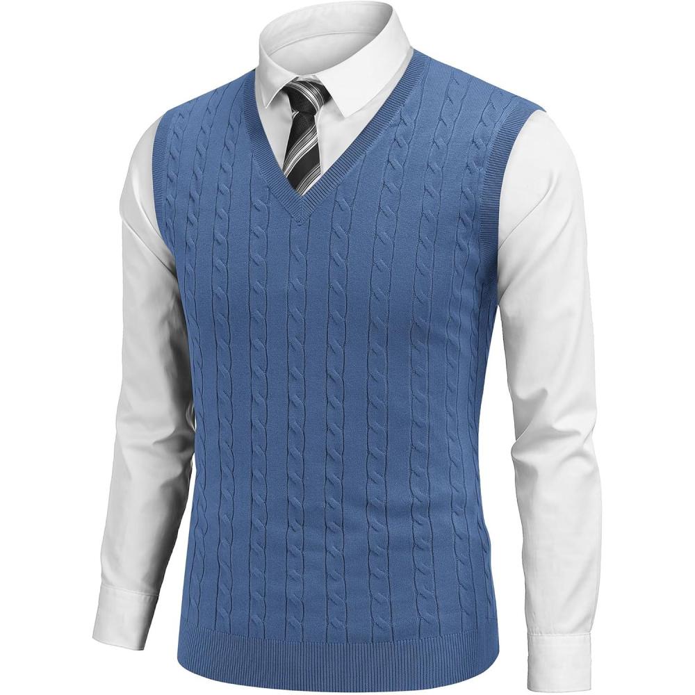 imageCOOFANDY Mens Sweater Vest V Neck Slim Fit Cable Knitted Sleeveless Pullover SweaterBlue