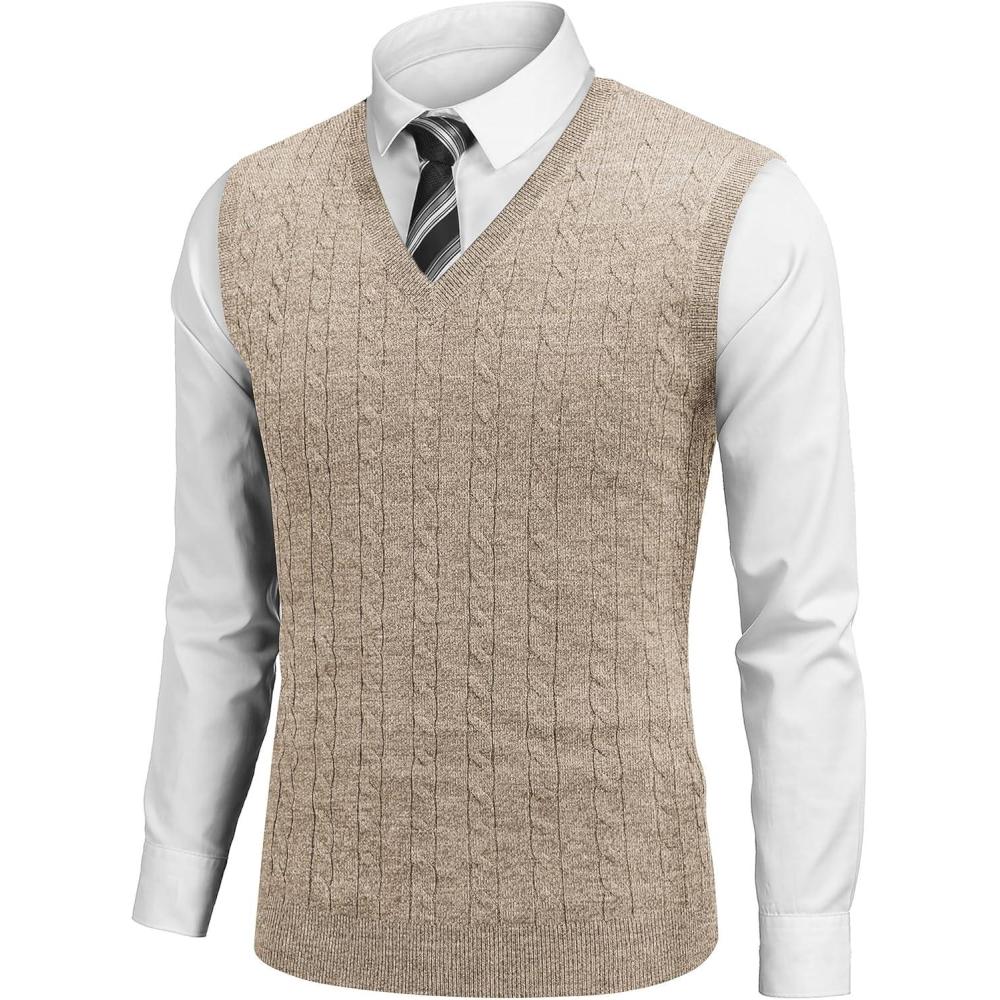 imageCOOFANDY Mens Sweater Vest V Neck Slim Fit Cable Knitted Sleeveless Pullover SweaterBrown