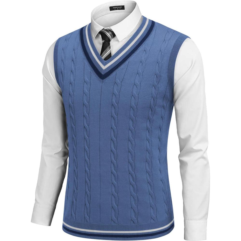 imageCOOFANDY Mens Sweater Vest V Neck Slim Fit Cable Knitted Sleeveless Pullover SweaterDark Blue