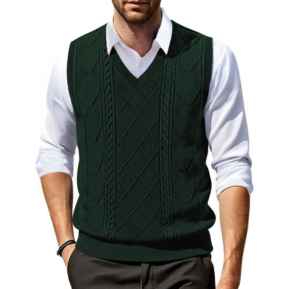 imageCOOFANDY Mens Sweater Vest V Neck Slim Fit Cable Knitted Sleeveless Pullover SweaterDark Green