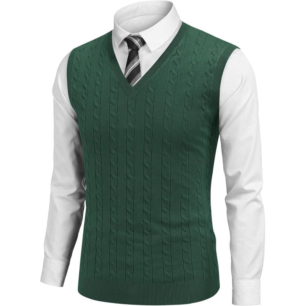 imageCOOFANDY Mens Sweater Vest V Neck Slim Fit Cable Knitted Sleeveless Pullover SweaterGreen