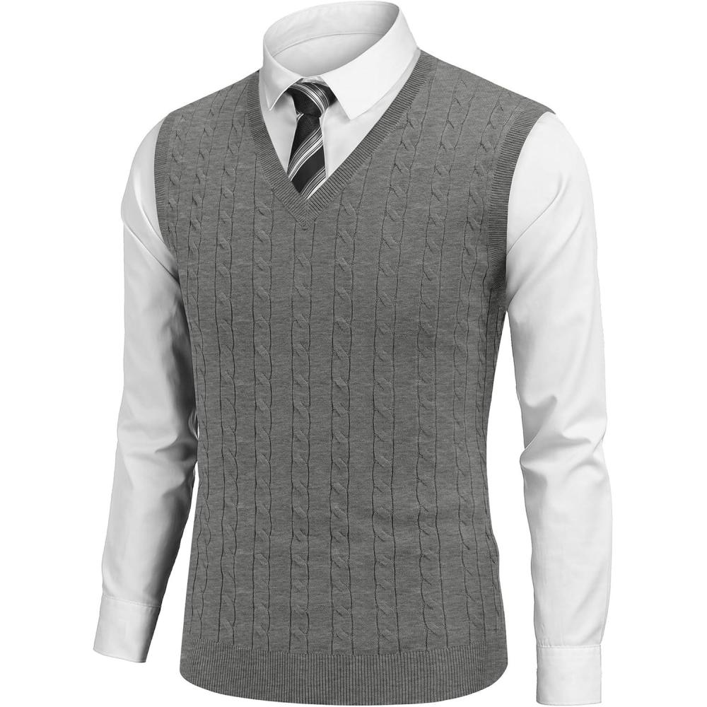 imageCOOFANDY Mens Sweater Vest V Neck Slim Fit Cable Knitted Sleeveless Pullover SweaterGrey