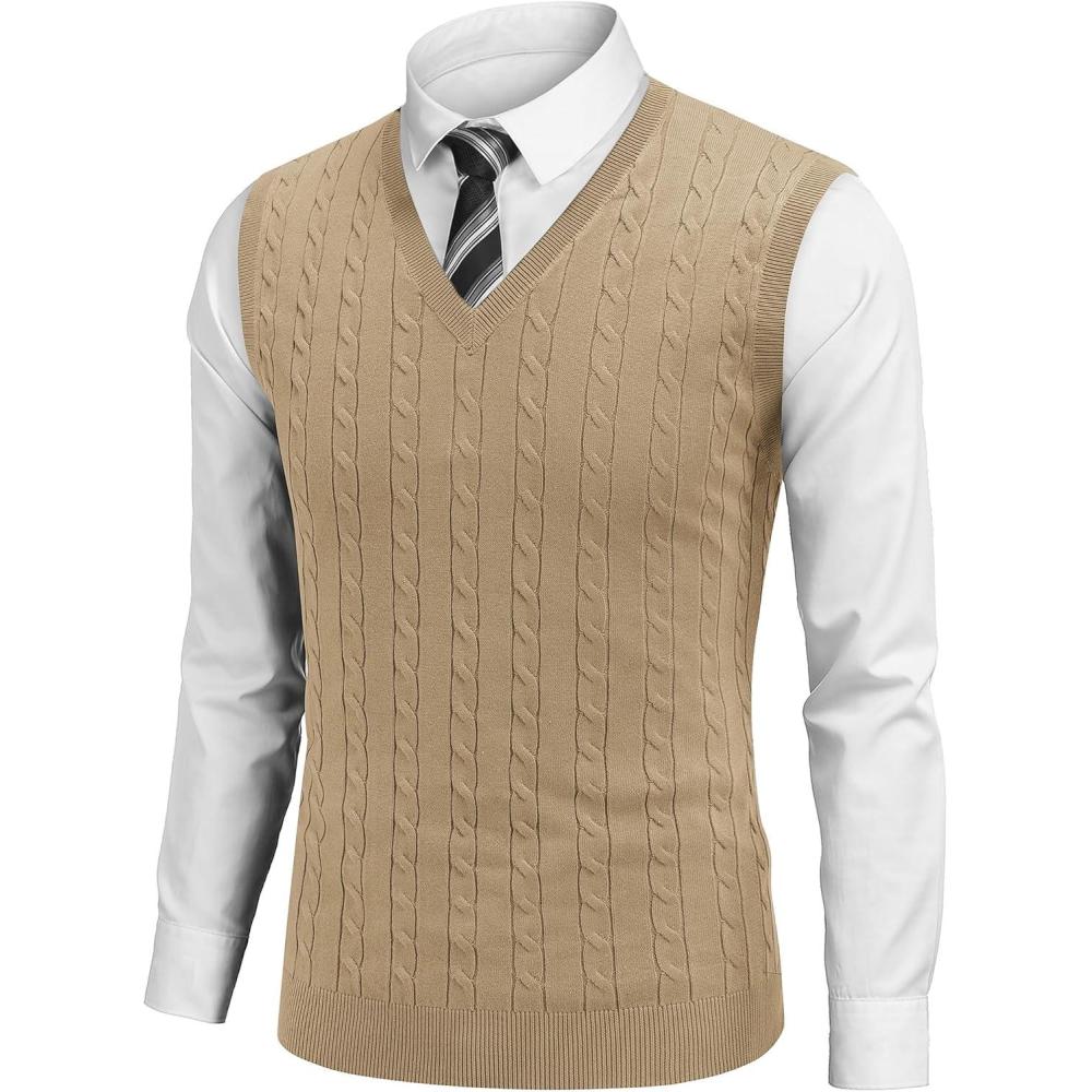 imageCOOFANDY Mens Sweater Vest V Neck Slim Fit Cable Knitted Sleeveless Pullover SweaterKhaki