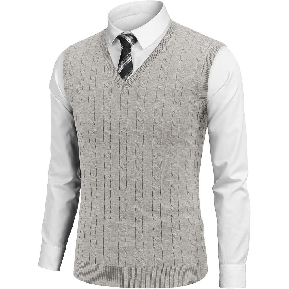 imageCOOFANDY Mens Sweater Vest V Neck Slim Fit Cable Knitted Sleeveless Pullover SweaterLight Grey