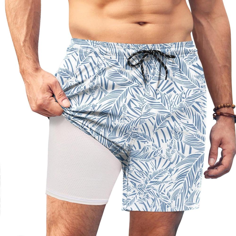 imageCOOFANDY Mens Swim Trunks Quick Dry Board Shorts Swimsuit Swimwear Bathing SuitPrint Blue Plam Leaf