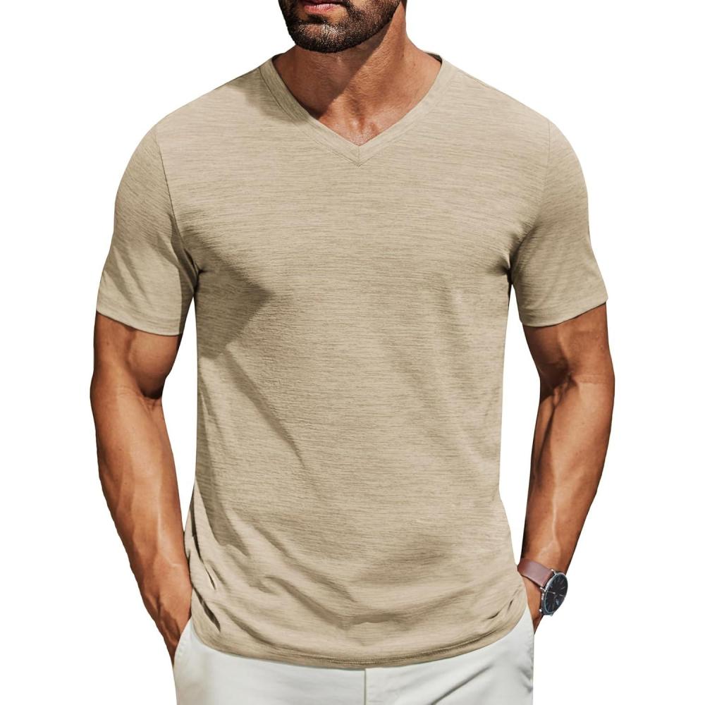 imageCOOFANDY Mens T Shirts Short Sleeve Classic V Neck TShirt Casual Summer Basic Tee ShirtKhaki