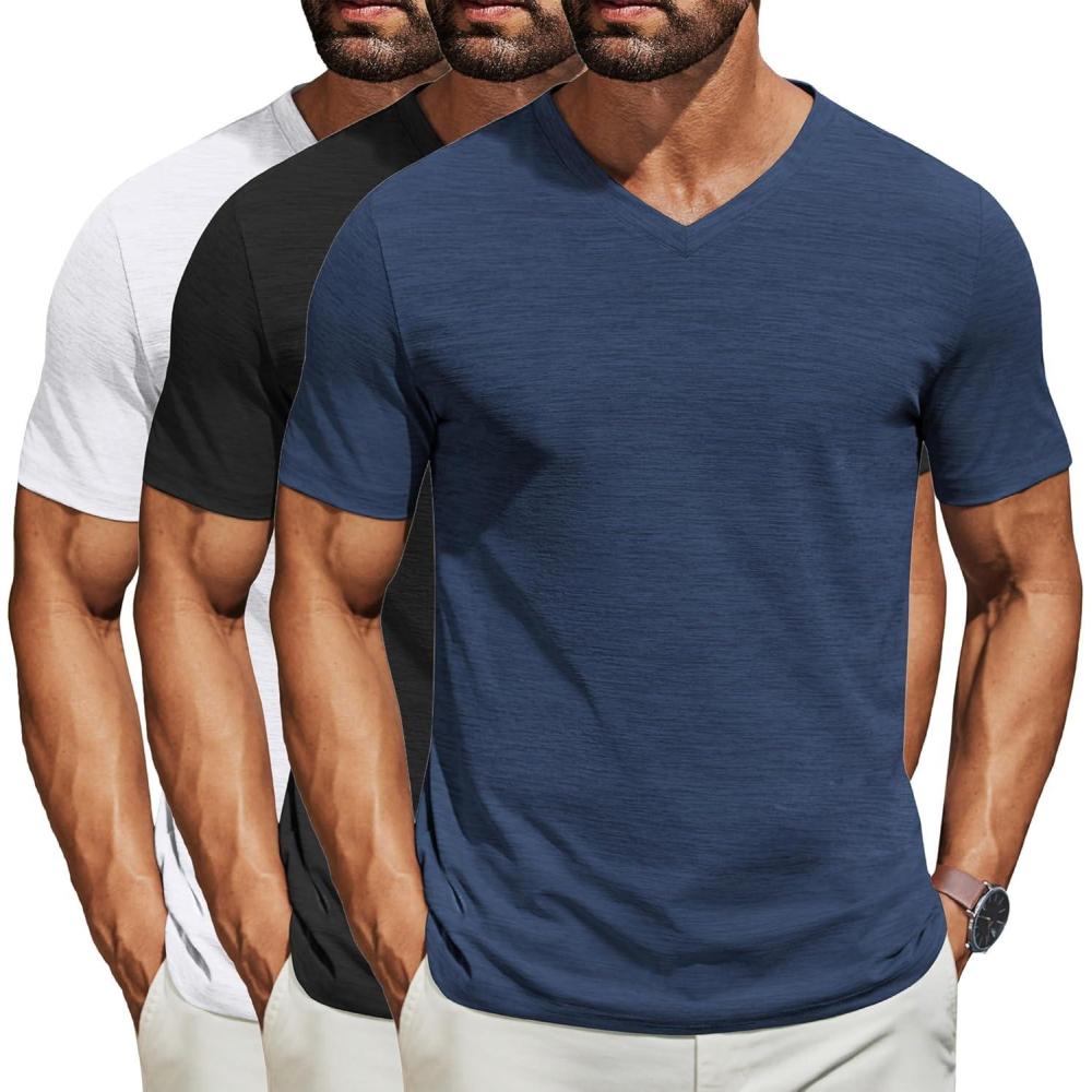 imageCOOFANDY Mens T Shirts Short Sleeve Classic V Neck TShirt Casual Summer Basic Tee ShirtYblackWhiteNavy Blue3 Pack