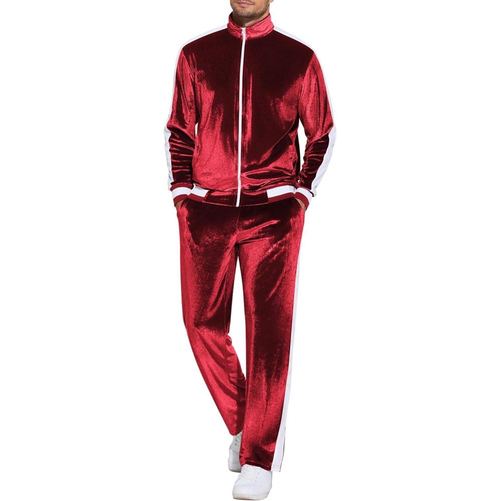 imageCOOFANDY Mens Tracksuit 2 Piece Set Velour Sweatsuit Jogging Suits Full Zip Jacket Pants OutfitsBurgundy