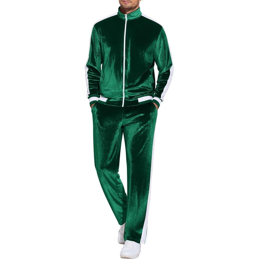 imageCOOFANDY Mens Tracksuit 2 Piece Set Velour Sweatsuit Jogging Suits Full Zip Jacket Pants OutfitsEvergreen