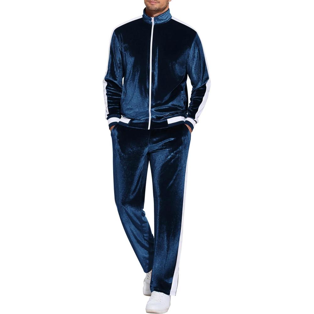 imageCOOFANDY Mens Tracksuit 2 Piece Set Velour Sweatsuit Jogging Suits Full Zip Jacket Pants OutfitsNavy Blue