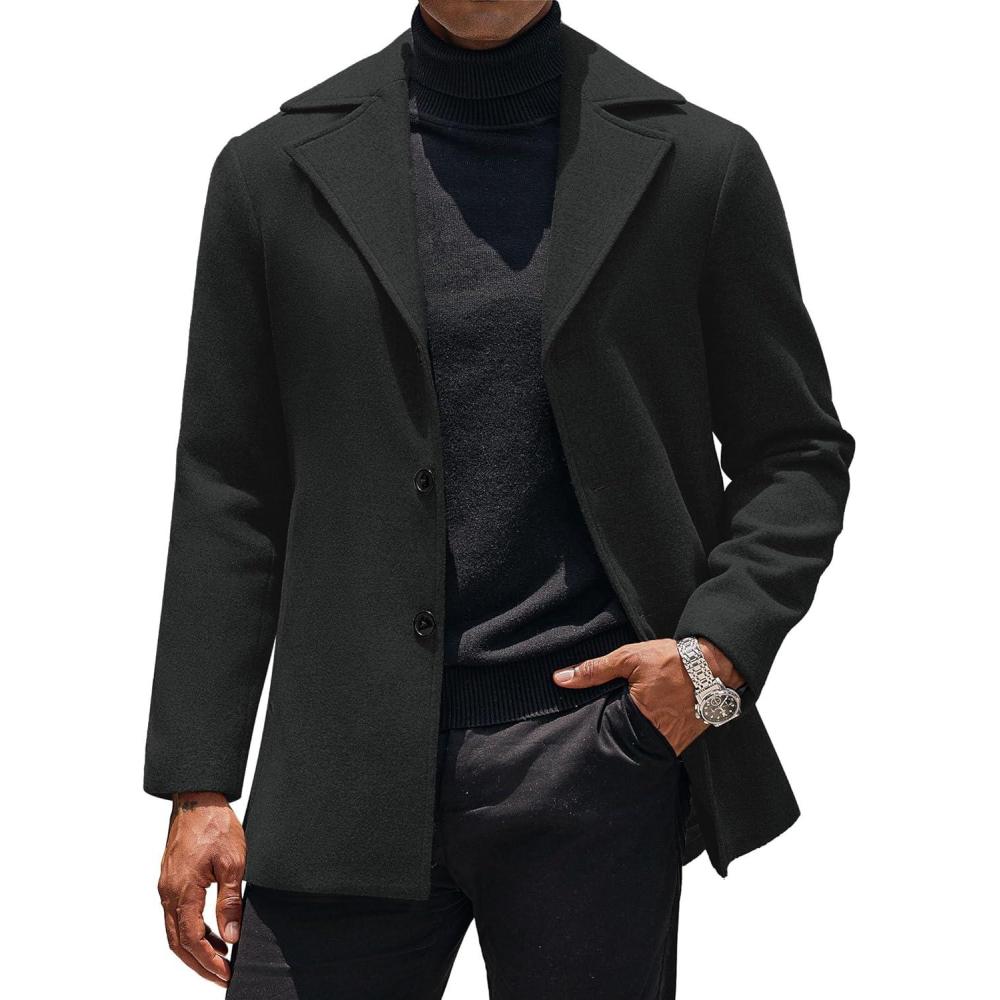 imageCOOFANDY Mens Trench Coat Notched Collar Single Breasted Peacoat Winter Overcoat With PocketsBlack