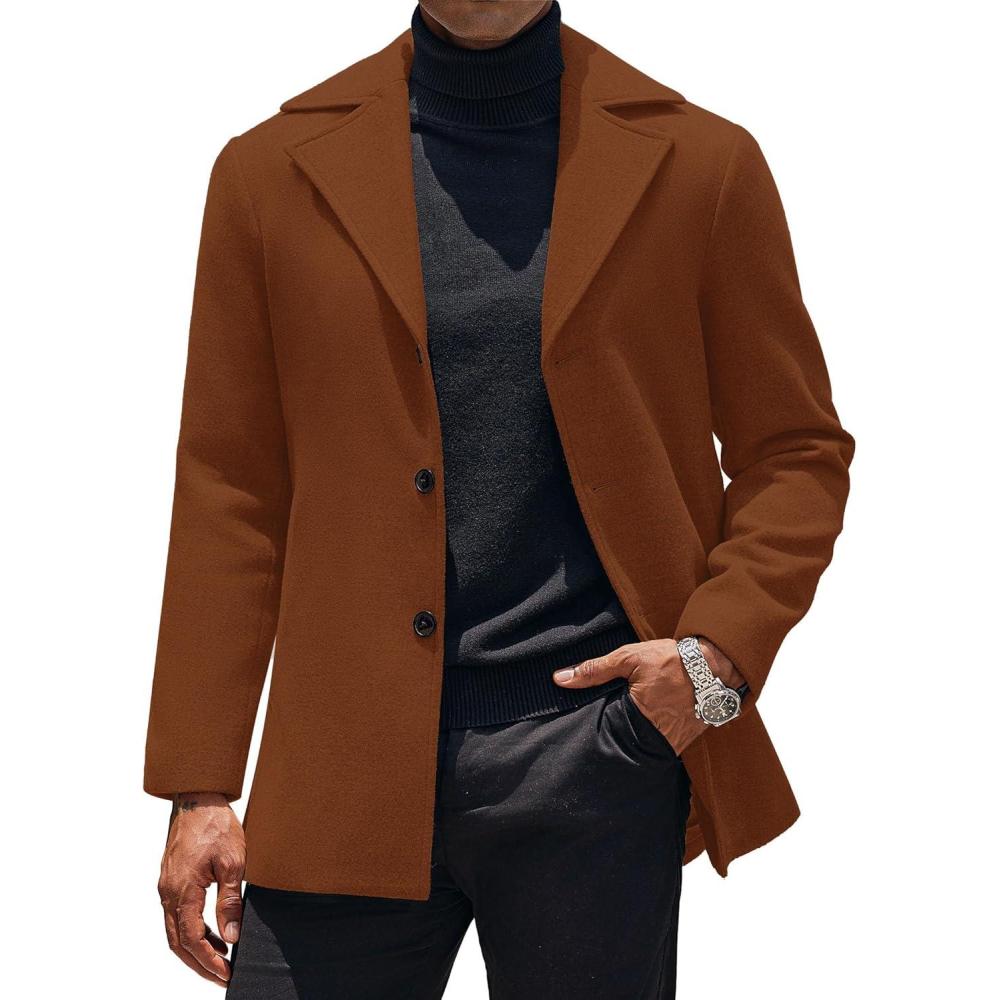 imageCOOFANDY Mens Trench Coat Notched Collar Single Breasted Peacoat Winter Overcoat With PocketsBrown