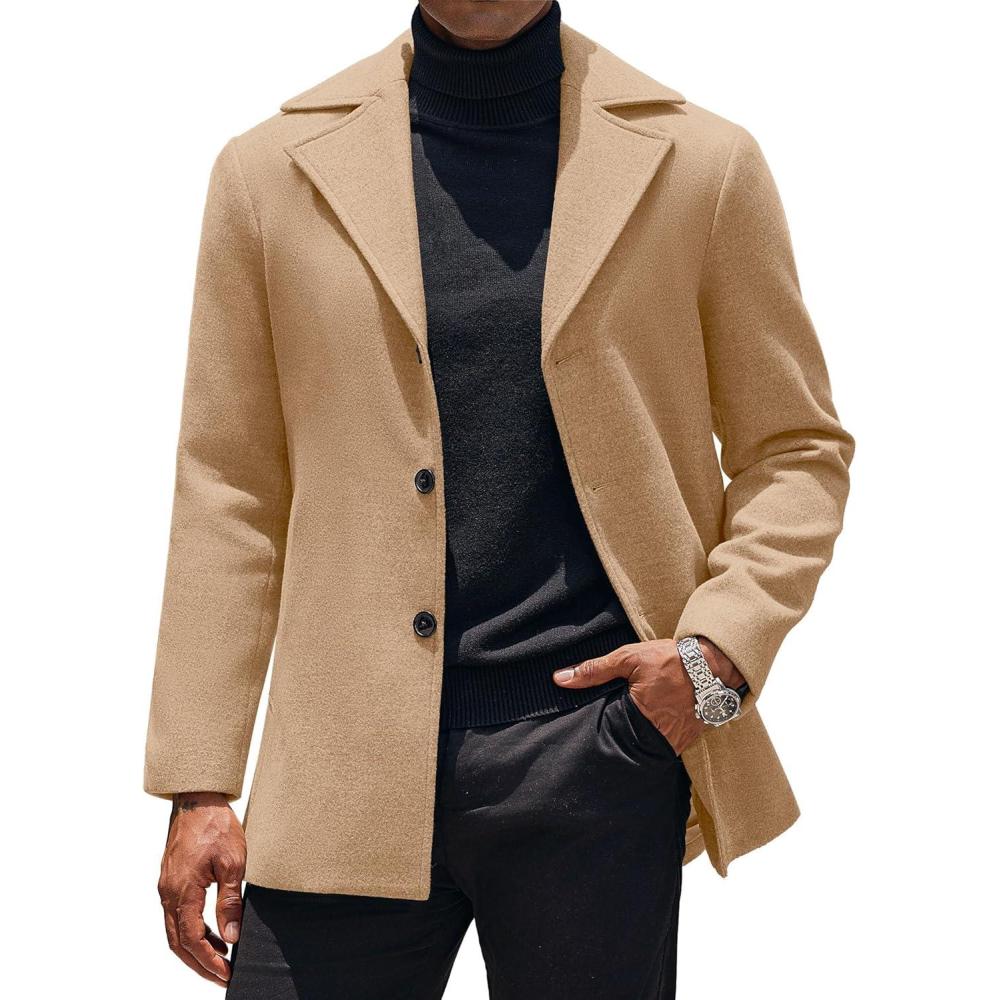 imageCOOFANDY Mens Trench Coat Notched Collar Single Breasted Peacoat Winter Overcoat With PocketsCamel