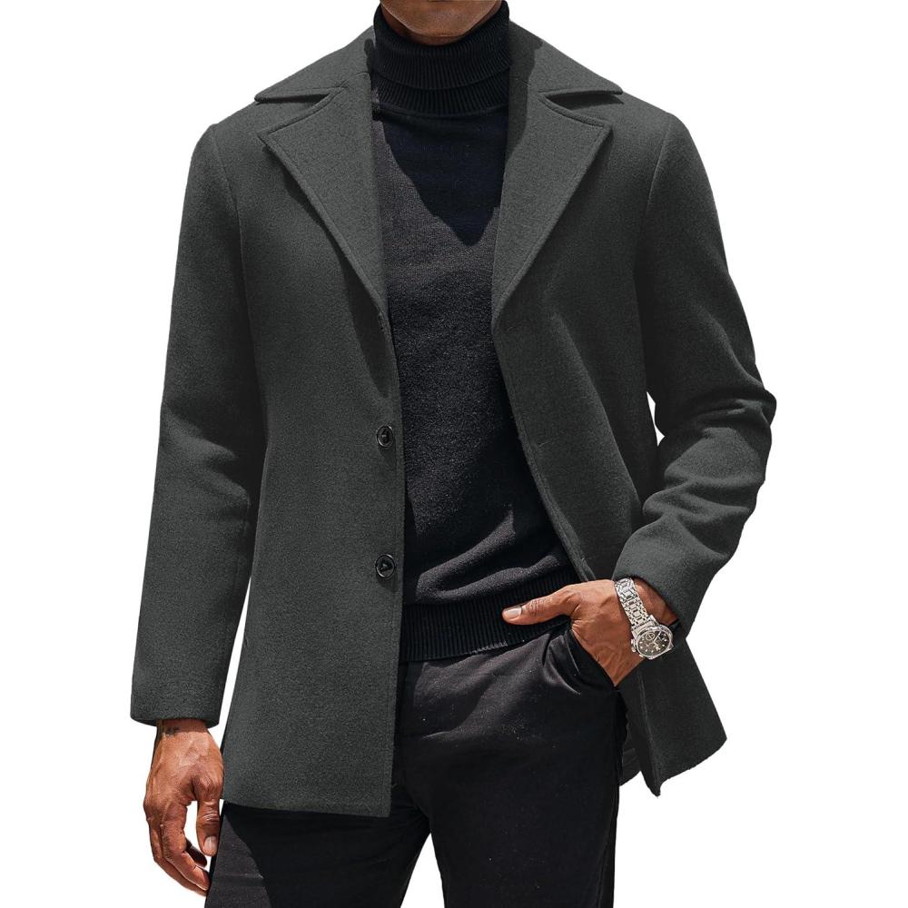 imageCOOFANDY Mens Trench Coat Notched Collar Single Breasted Peacoat Winter Overcoat With PocketsDark Grey