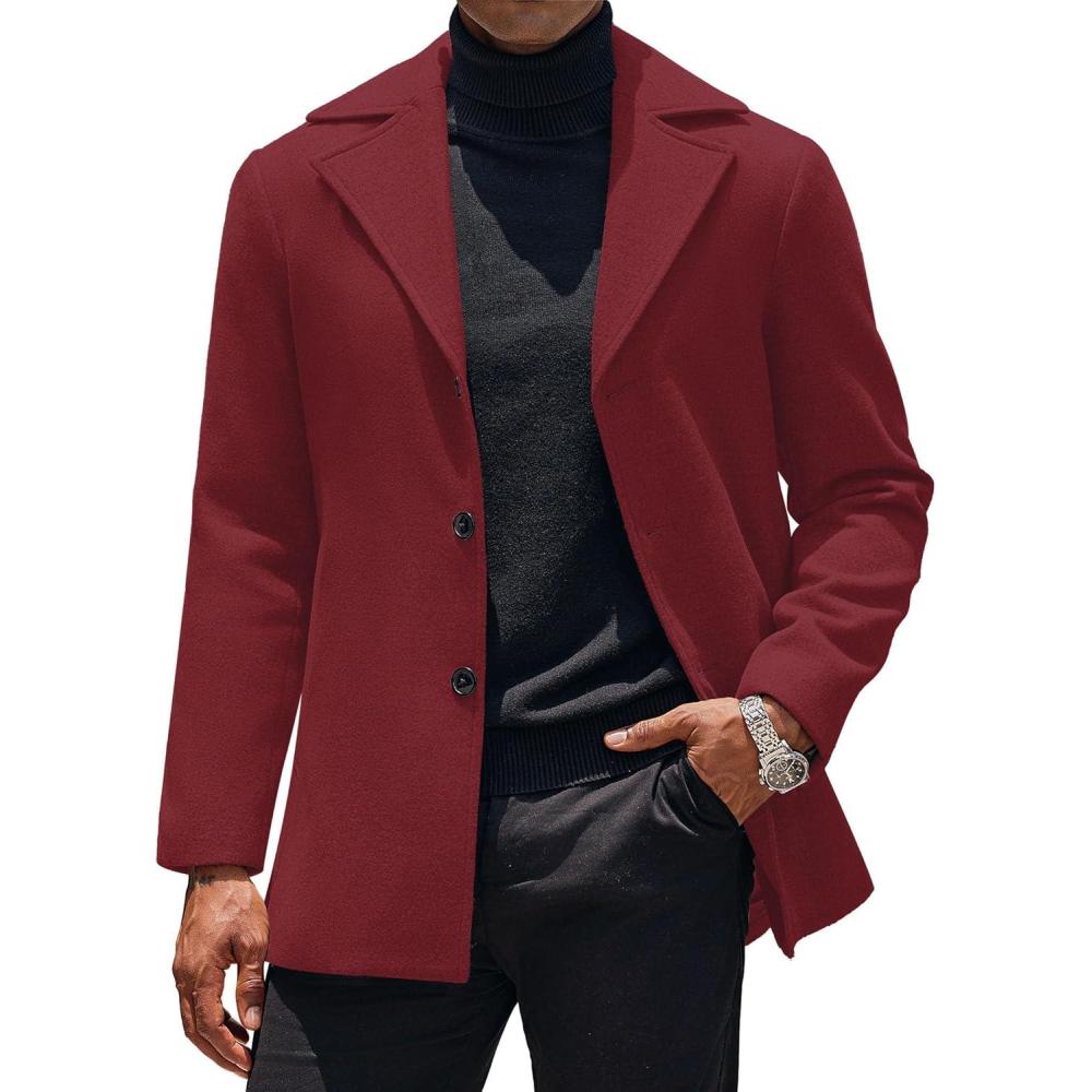 imageCOOFANDY Mens Trench Coat Notched Collar Single Breasted Peacoat Winter Overcoat With PocketsWine Red