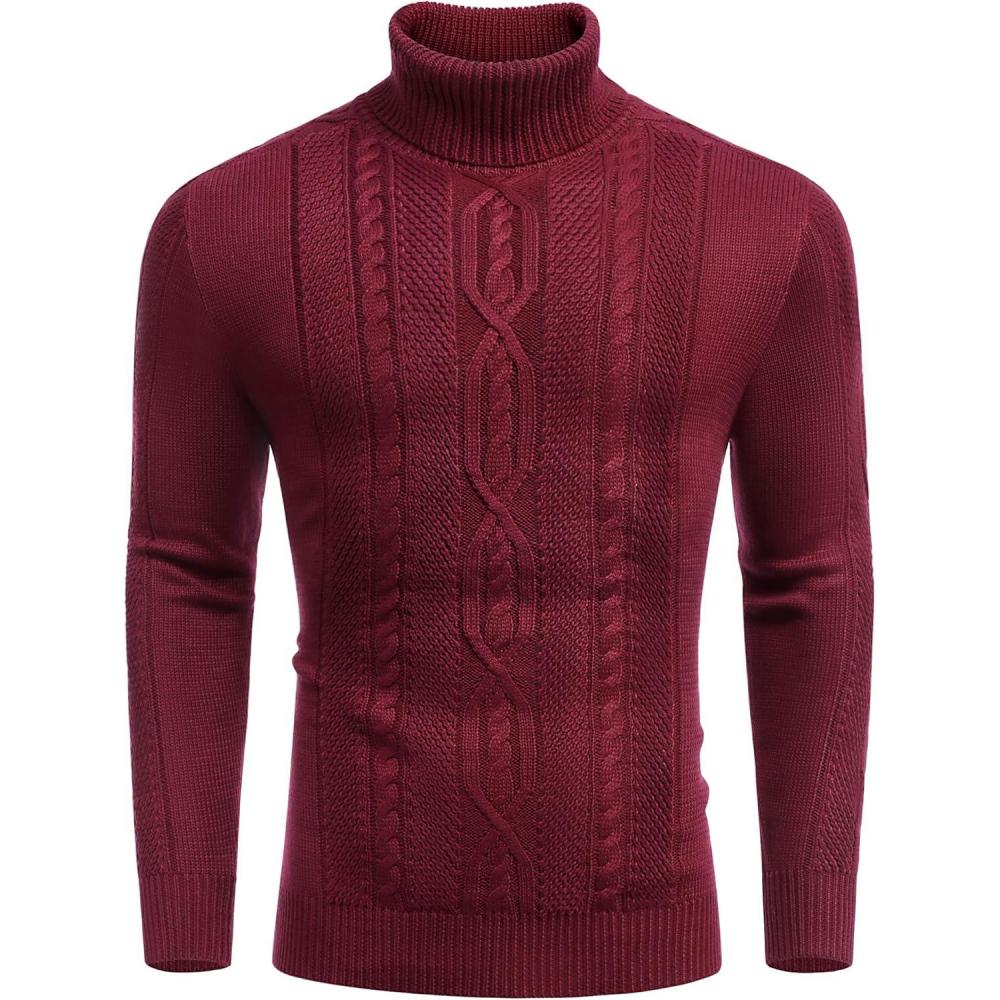 imageCOOFANDY Mens Turtleneck Sweater Slim Fit Casual Warm Twisted Knitted Pullover Sweaters01wine Red