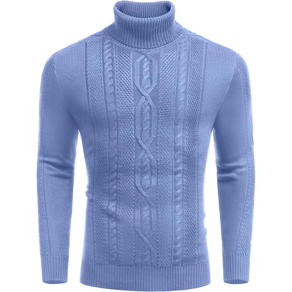 imageCOOFANDY Mens Turtleneck Sweater Slim Fit Casual Warm Twisted Knitted Pullover SweatersBlue