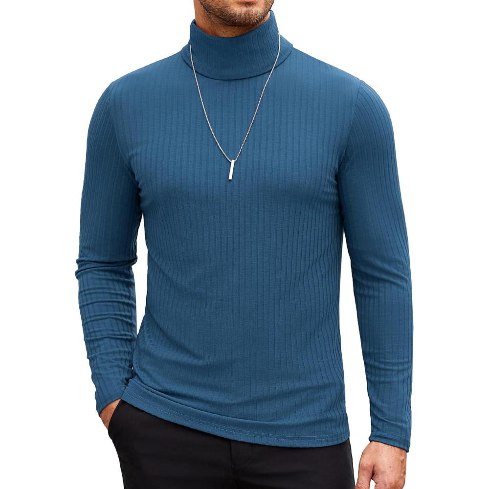 imageCOOFANDY Mens Turtleneck Sweater Slim Fit Lightweight Basic Ribbed SweatersBlue