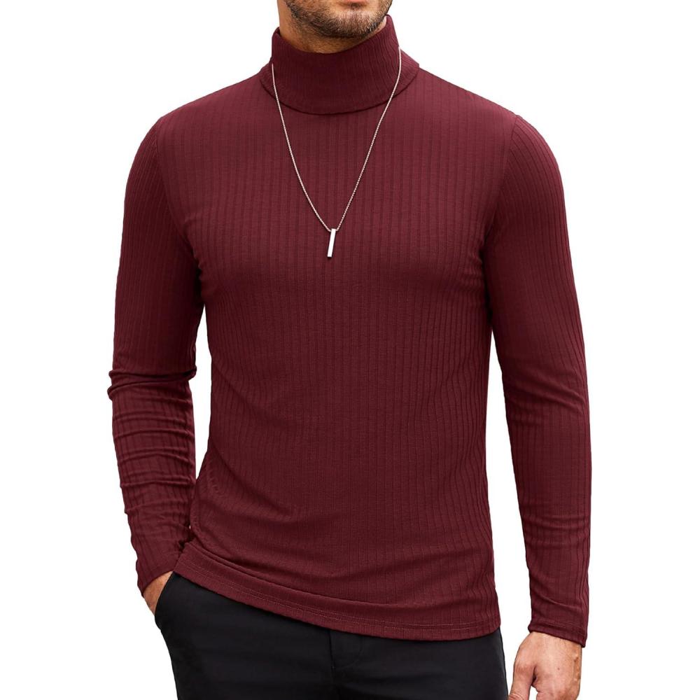 imageCOOFANDY Mens Turtleneck Sweater Slim Fit Lightweight Basic Ribbed SweatersWine Red