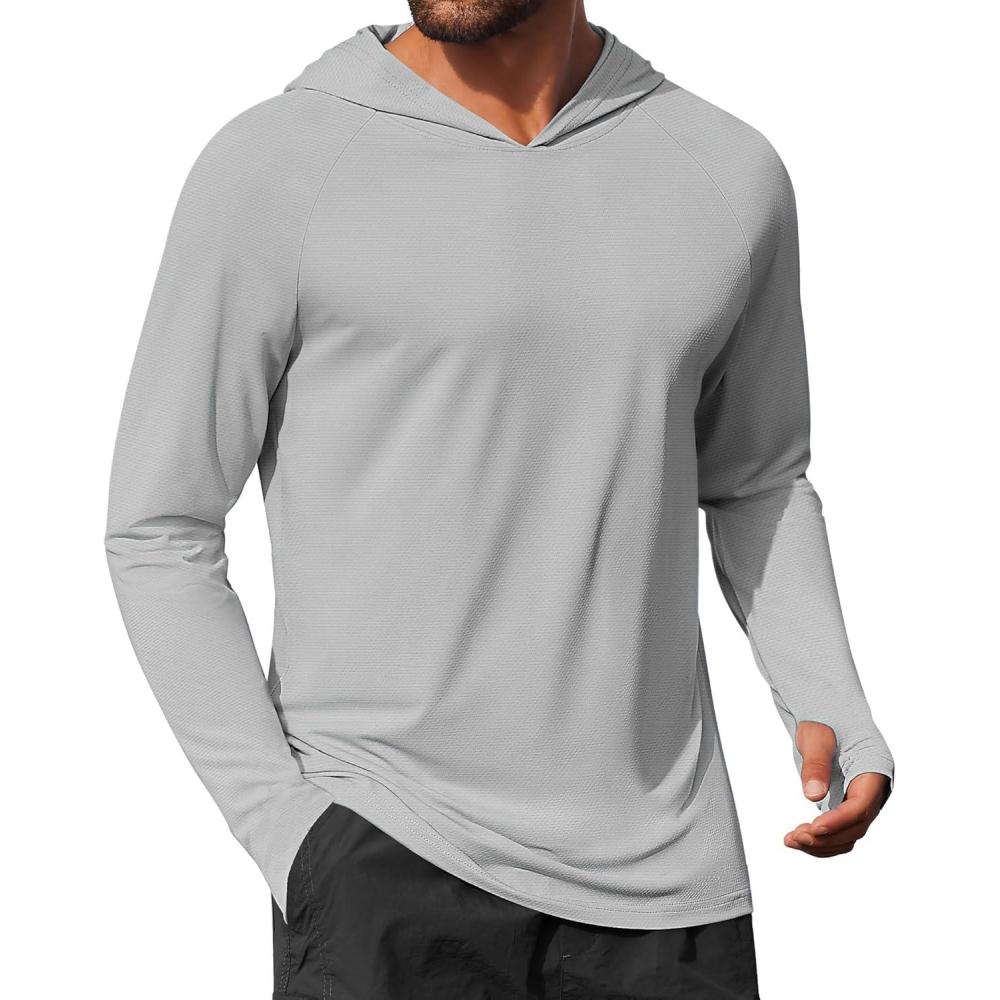 imageCOOFANDY Mens UPF 50 Hoodie Shirts Long Sleeve Rash Guard Sun Protection Fishing Shirts Lightweight Quick Dry HoodiesLight Gray