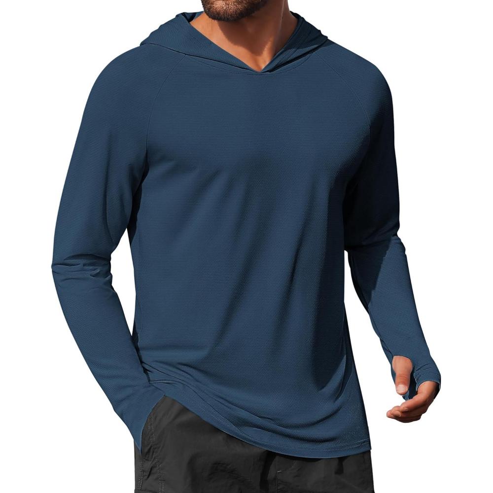 imageCOOFANDY Mens UPF 50 Hoodie Shirts Long Sleeve Rash Guard Sun Protection Fishing Shirts Lightweight Quick Dry HoodiesNavy Blue