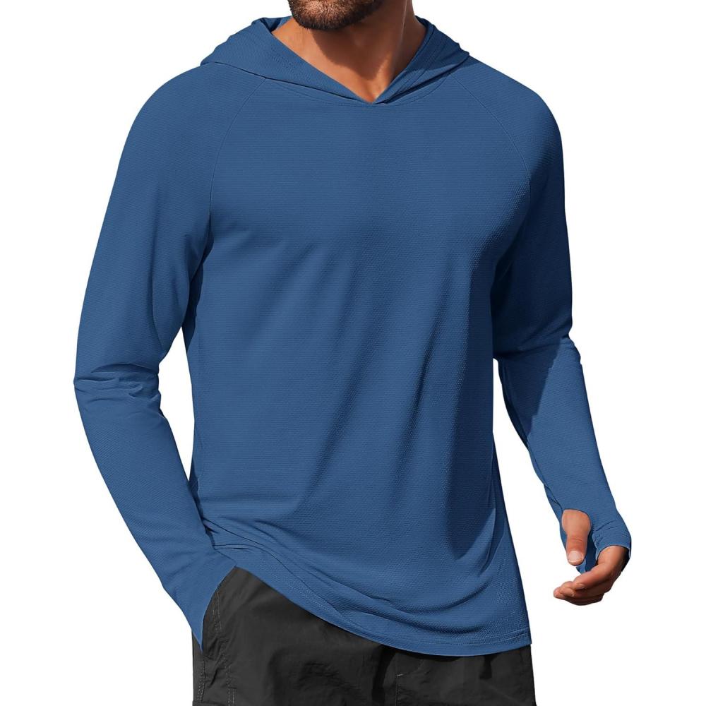 imageCOOFANDY Mens UPF 50 Hoodie Shirts Long Sleeve Rash Guard Sun Protection Fishing Shirts Lightweight Quick Dry HoodiesOcean Blue