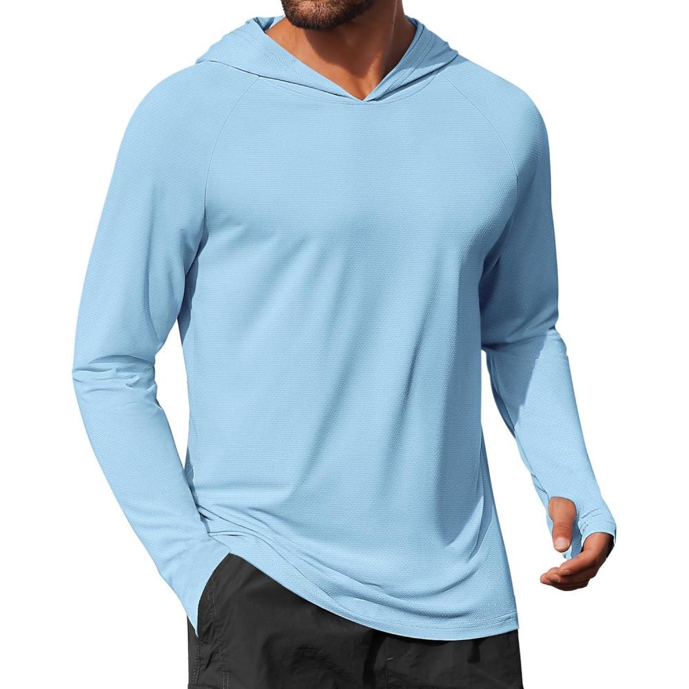 imageCOOFANDY Mens UPF 50 Hoodie Shirts Long Sleeve Rash Guard Sun Protection Fishing Shirts Lightweight Quick Dry HoodiesSky Blue