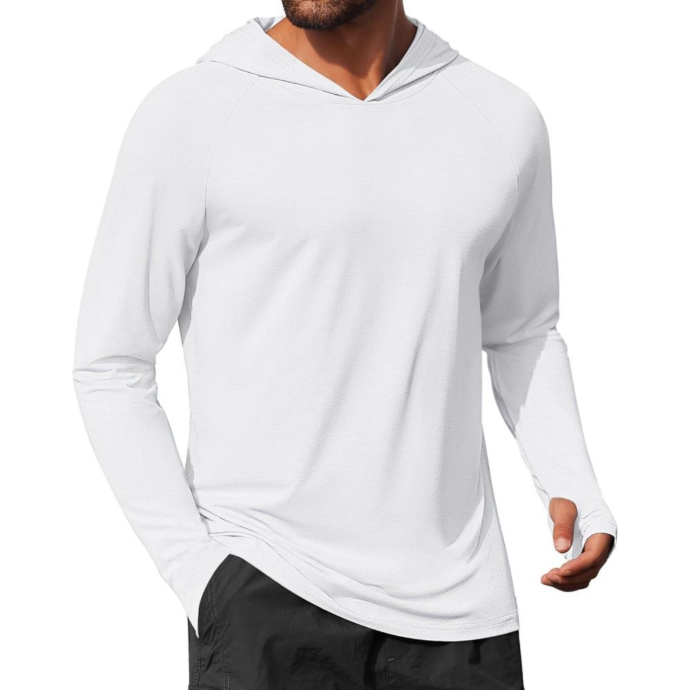 imageCOOFANDY Mens UPF 50 Hoodie Shirts Long Sleeve Rash Guard Sun Protection Fishing Shirts Lightweight Quick Dry HoodiesWhite