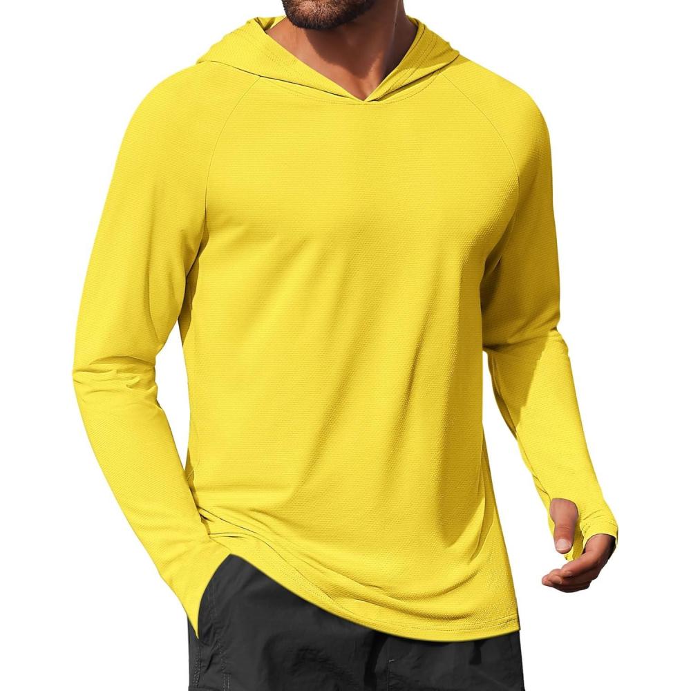 imageCOOFANDY Mens UPF 50 Hoodie Shirts Long Sleeve Rash Guard Sun Protection Fishing Shirts Lightweight Quick Dry HoodiesYellow