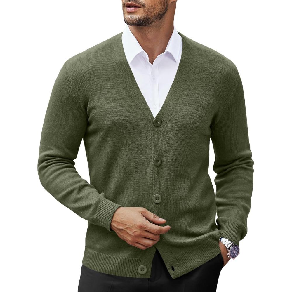 imageCOOFANDY Mens V Neck Cardigan Sweater Casual Lightweight Button Down Knitted Cardigan SweaterArmy Green