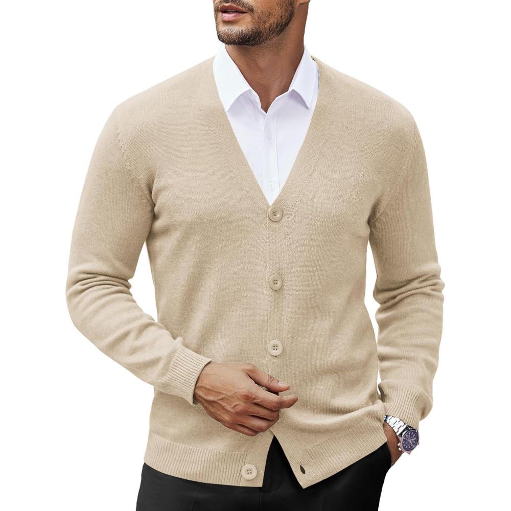 imageCOOFANDY Mens V Neck Cardigan Sweater Casual Lightweight Button Down Knitted Cardigan SweaterBeige