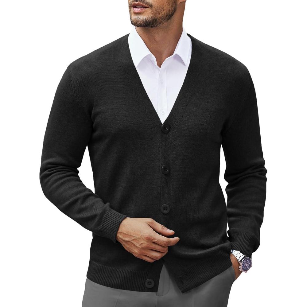 imageCOOFANDY Mens V Neck Cardigan Sweater Casual Lightweight Button Down Knitted Cardigan SweaterBlack