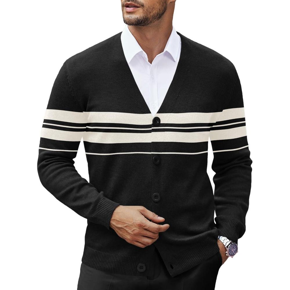 imageCOOFANDY Mens V Neck Cardigan Sweater Casual Lightweight Button Down Knitted Cardigan SweaterBlack Stripe