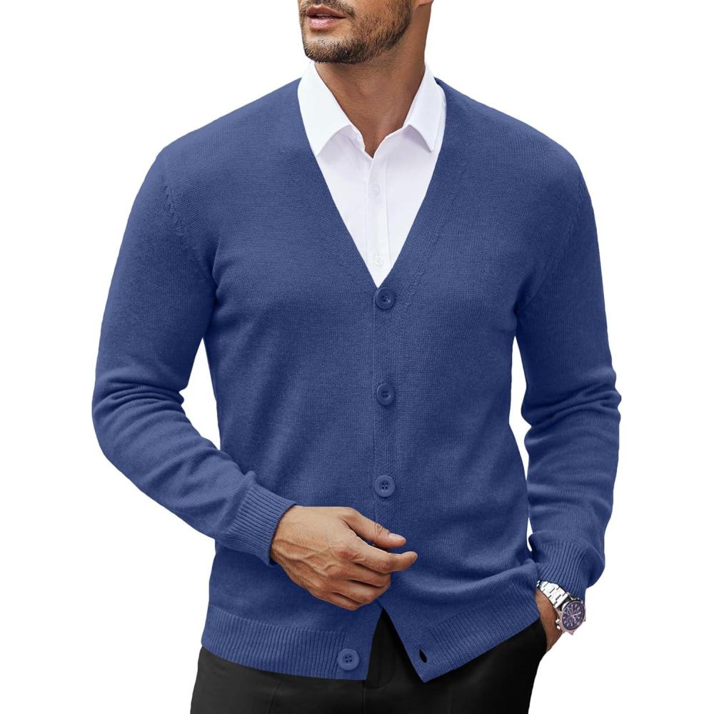 imageCOOFANDY Mens V Neck Cardigan Sweater Casual Lightweight Button Down Knitted Cardigan SweaterBlue