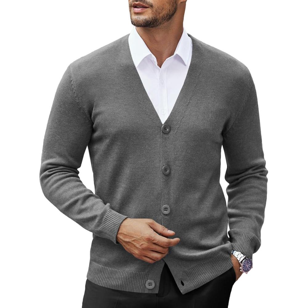 imageCOOFANDY Mens V Neck Cardigan Sweater Casual Lightweight Button Down Knitted Cardigan SweaterDark Grey