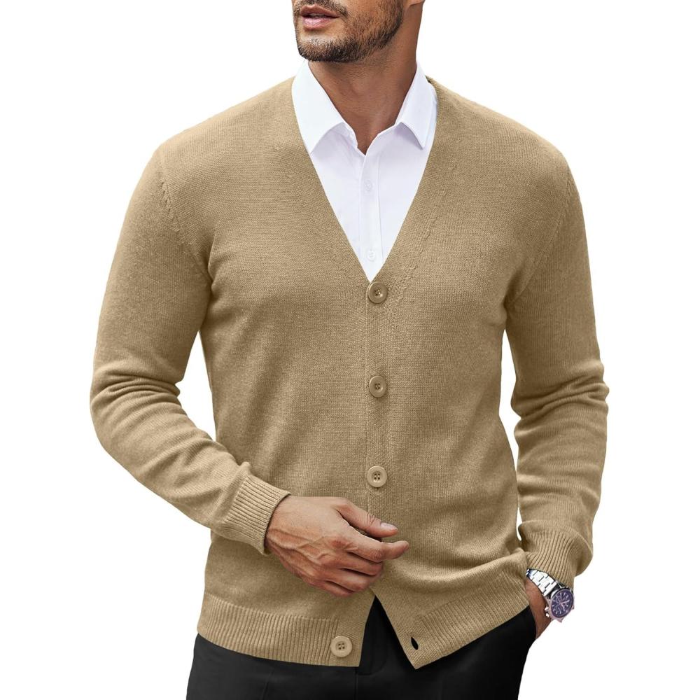 imageCOOFANDY Mens V Neck Cardigan Sweater Casual Lightweight Button Down Knitted Cardigan SweaterKhaki