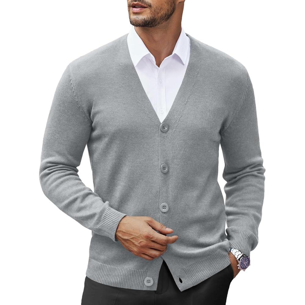 imageCOOFANDY Mens V Neck Cardigan Sweater Casual Lightweight Button Down Knitted Cardigan SweaterLight Grey
