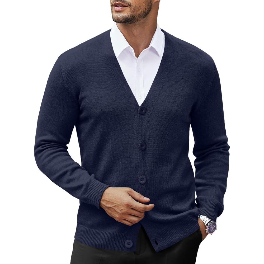 imageCOOFANDY Mens V Neck Cardigan Sweater Casual Lightweight Button Down Knitted Cardigan SweaterNavy Blue