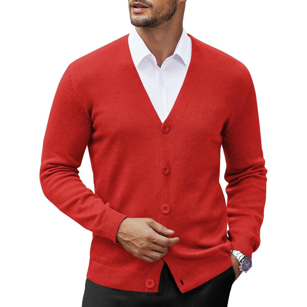 imageCOOFANDY Mens V Neck Cardigan Sweater Casual Lightweight Button Down Knitted Cardigan SweaterRed