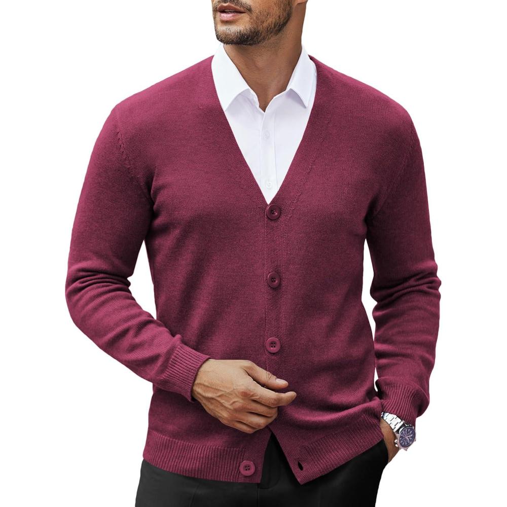 imageCOOFANDY Mens V Neck Cardigan Sweater Casual Lightweight Button Down Knitted Cardigan SweaterWine Red