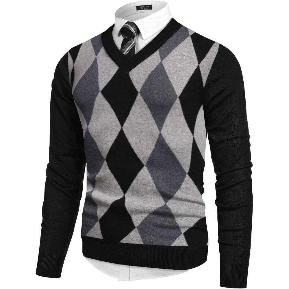 imageCOOFANDY Mens V Neck Dress Sweater Knit Long Sleeve Slim Fit Sweaters Fashion Pullover SweaterBalck Grey Argyle