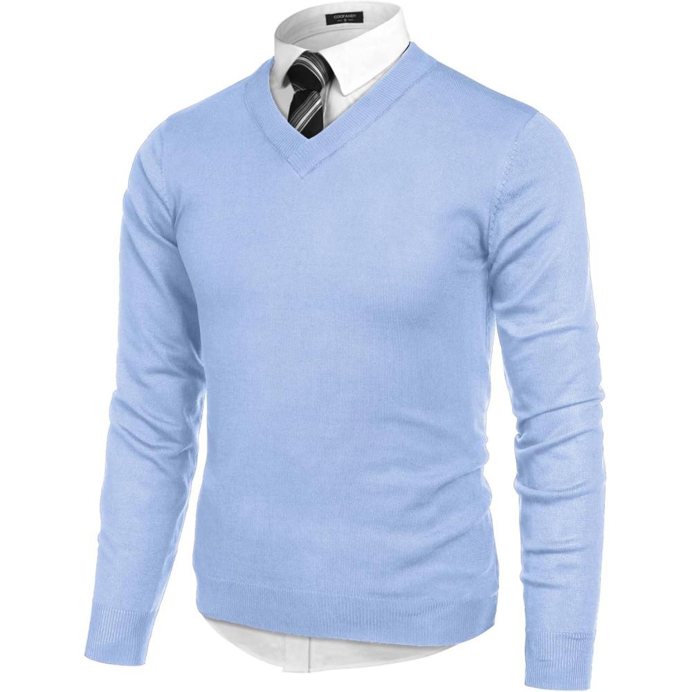 imageCOOFANDY Mens V Neck Dress Sweater Knit Long Sleeve Slim Fit Sweaters Fashion Pullover SweaterBlue