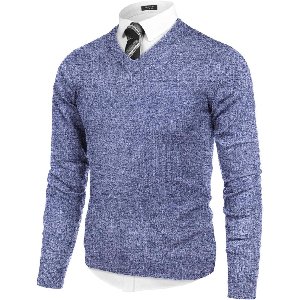 imageCOOFANDY Mens V Neck Dress Sweater Knit Long Sleeve Slim Fit Sweaters Fashion Pullover SweaterBlue and White